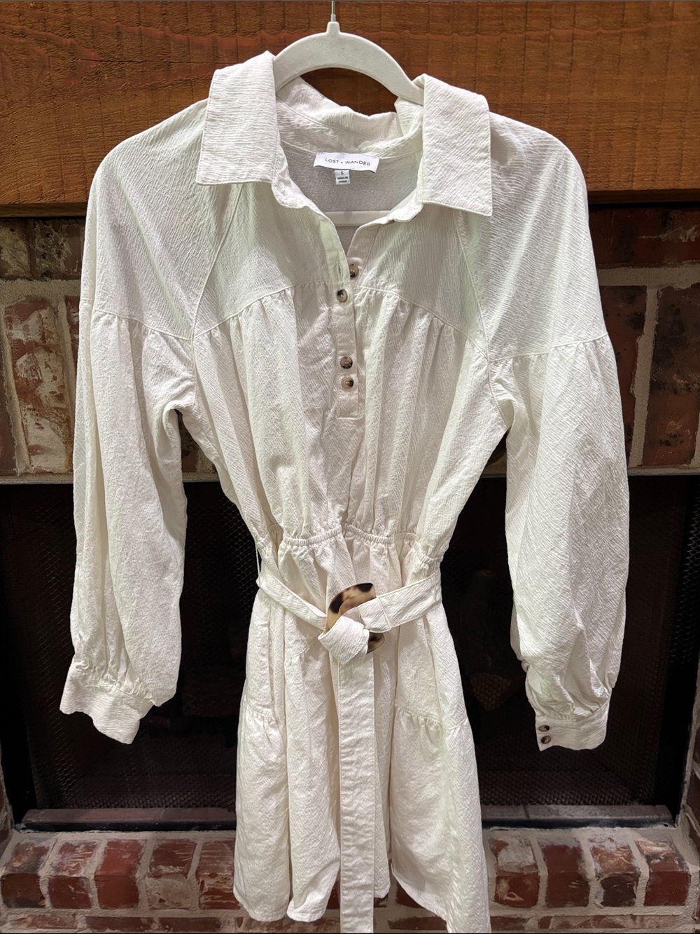 Lost + Wander Cream Textured Button-Front Belted Shirt Dress